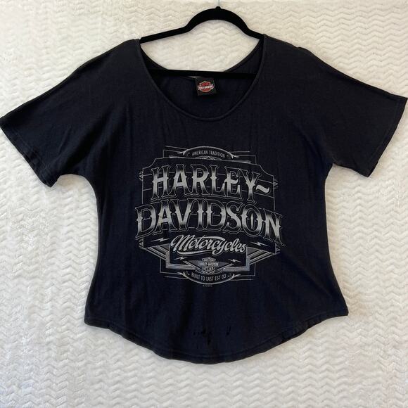 Vintage Harley Davidson Black Thrash Distressed Grunge Graphic Shirt Women Large - Picture 1 of 9